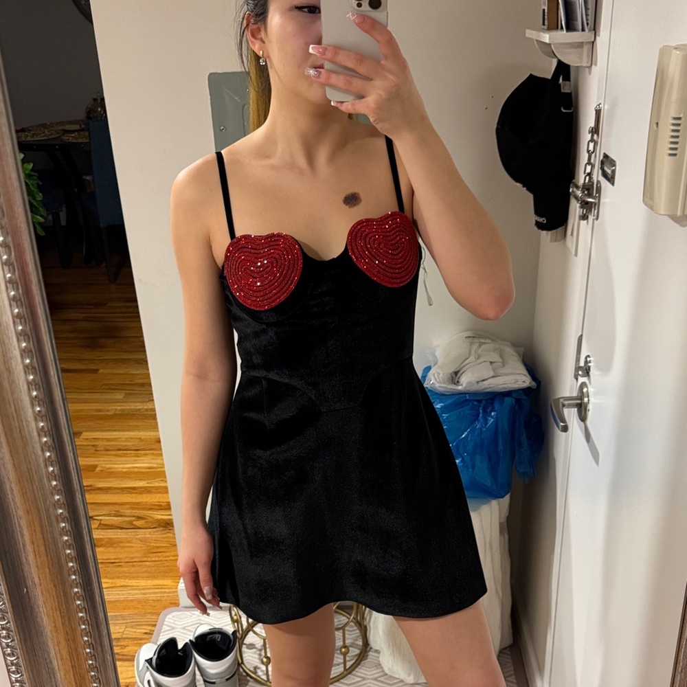 Black Dress with Red Heart Accents